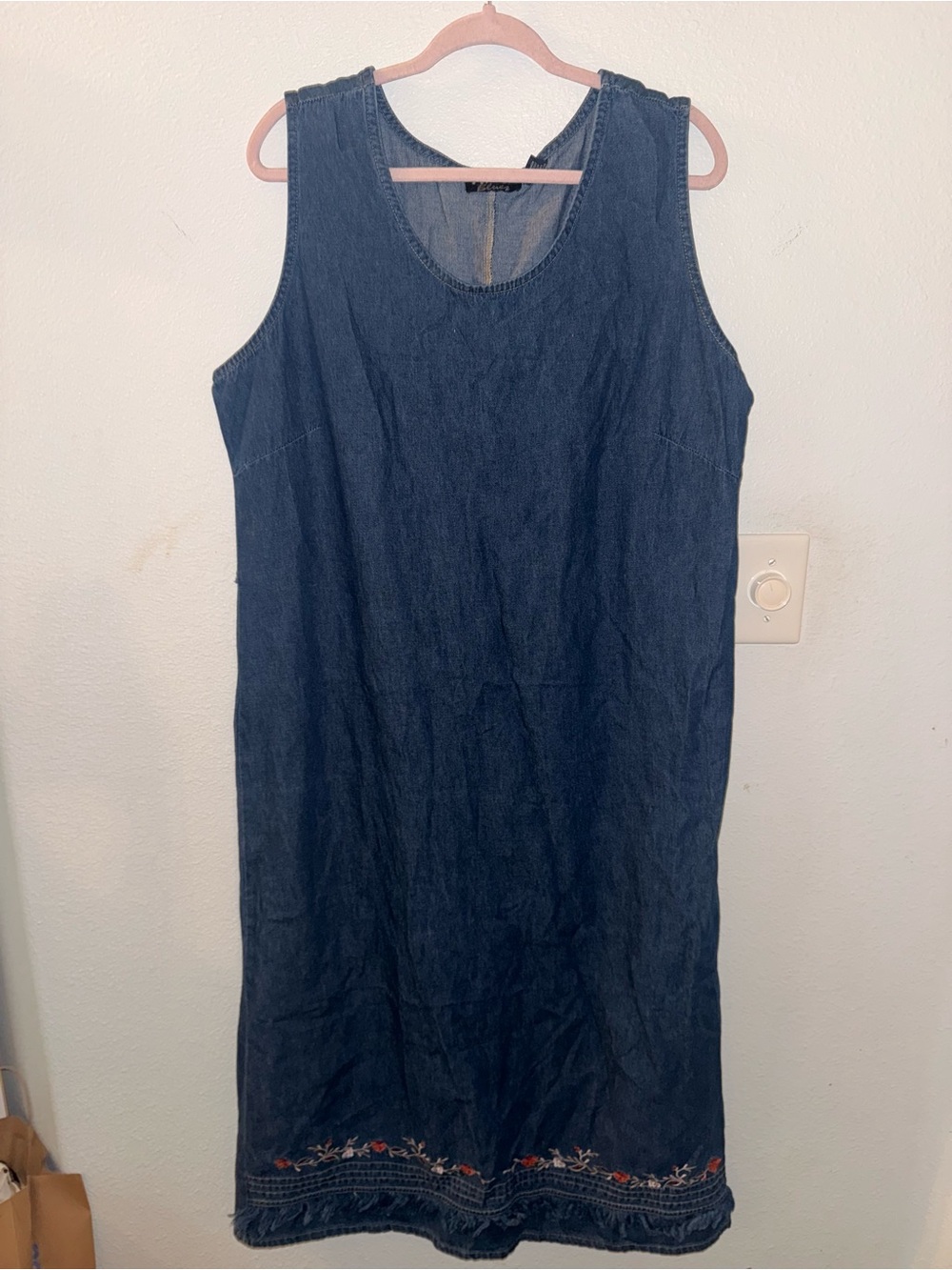 Sleeveless Embroidered Denim Shift Dress - Blue